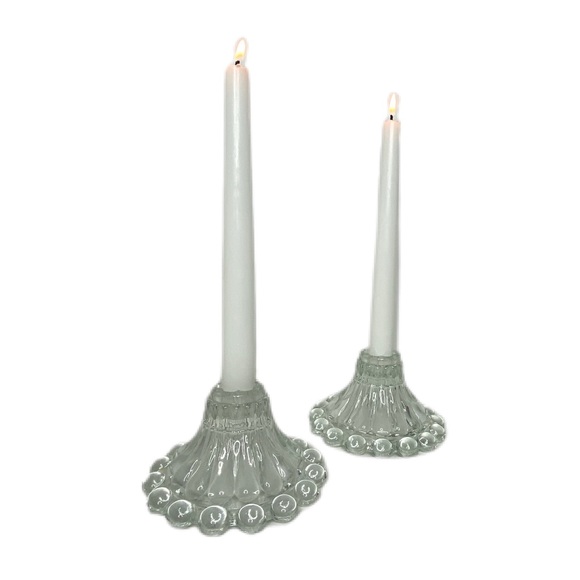 Set Of Vintage Clear Glass Round Ball Edge Home Decor Candlestick Holders - Picture 4 of 6